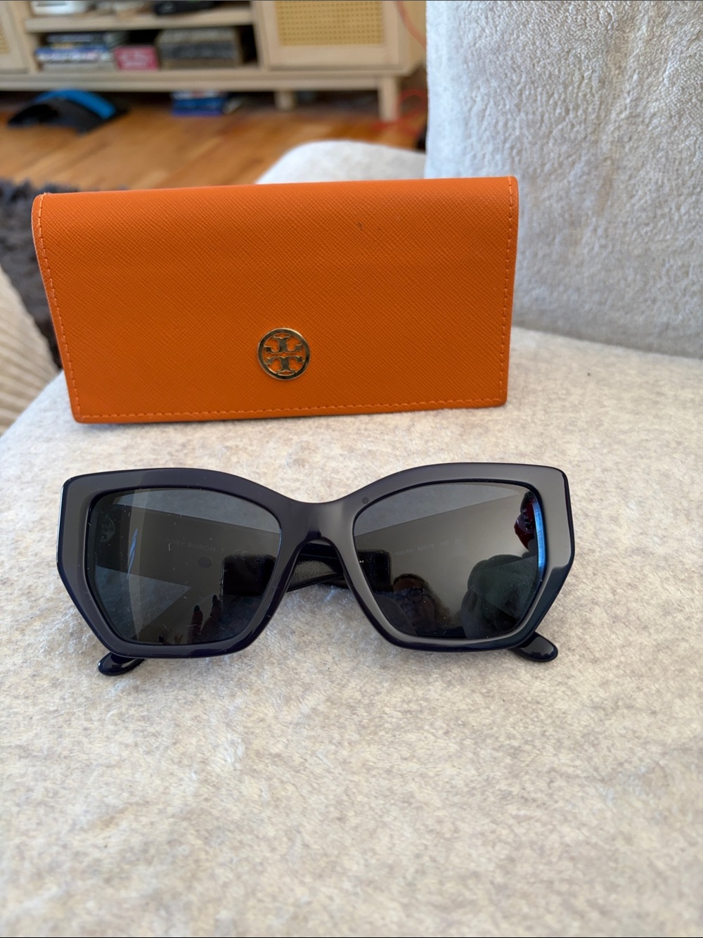 Tory Burch Navy Cat-Eye Sunglasses with Orange Logo Case